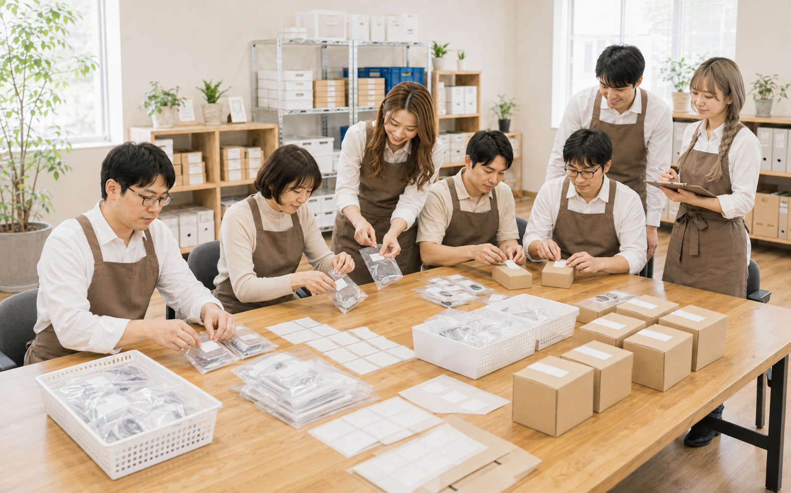 だいこん畑 東部市場店の職員・李利用者でシール貼り作業