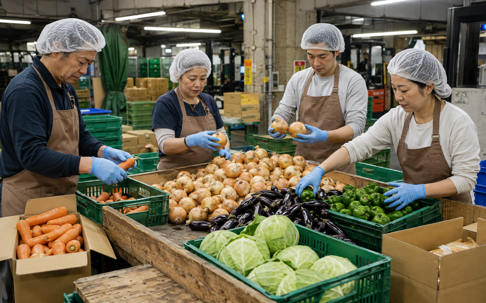だいこん畑 東部市場店の職員・李利用者で野菜の商品仕分け