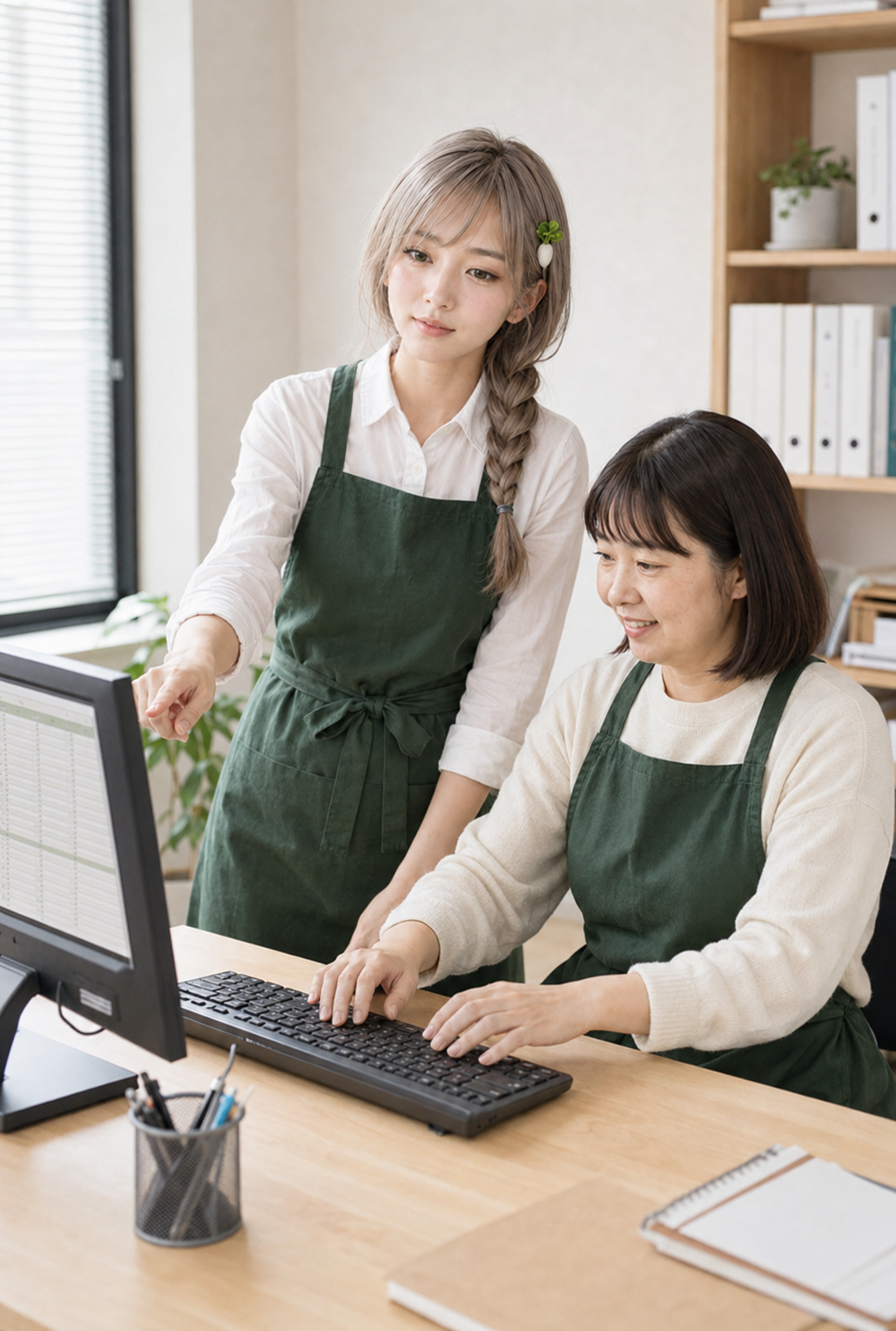 だいこん畑β 北田辺店で職員がパソコン作業を教える様子