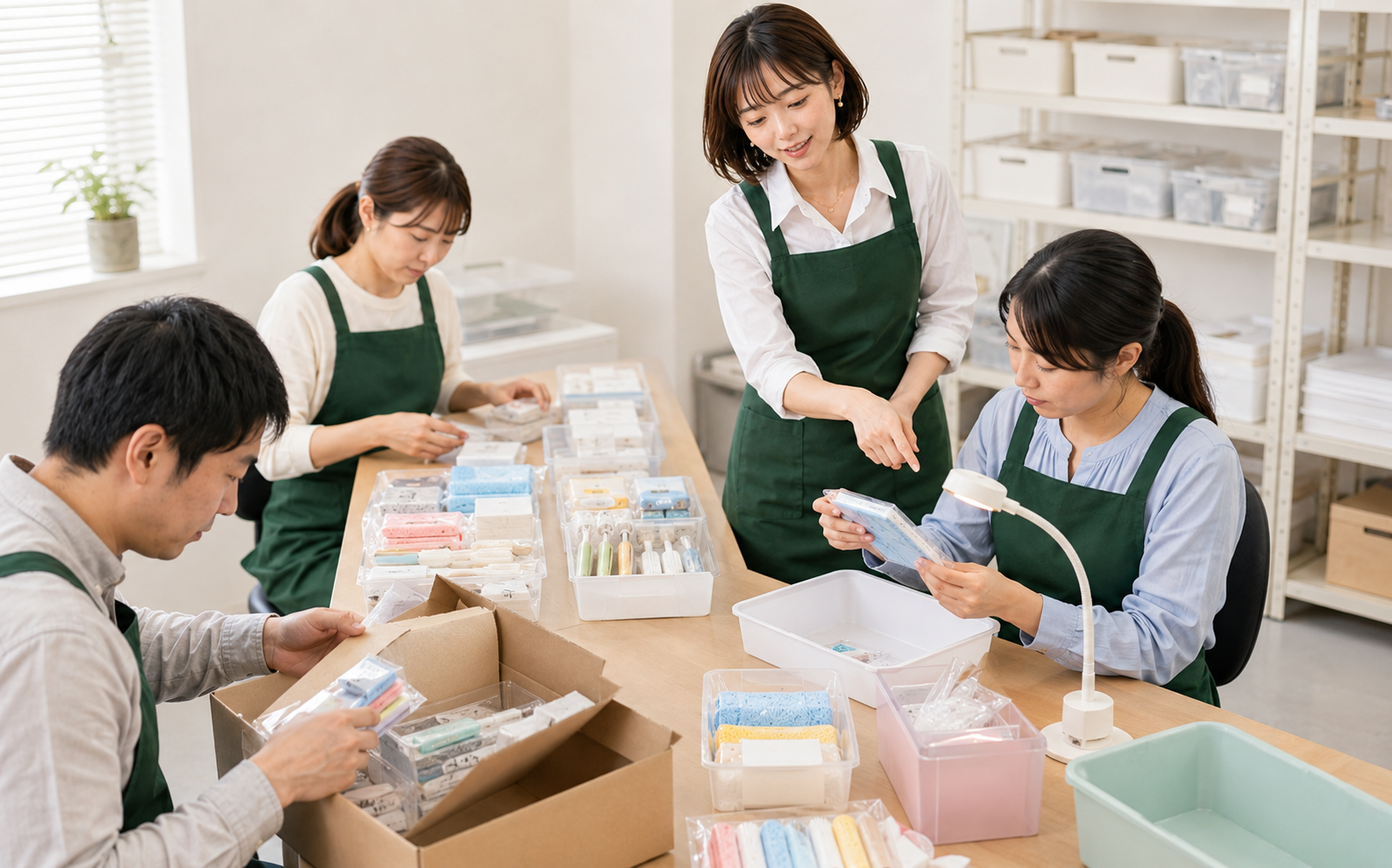 だいこん畑β 北田辺店で百円ショップの商品を検品する様子