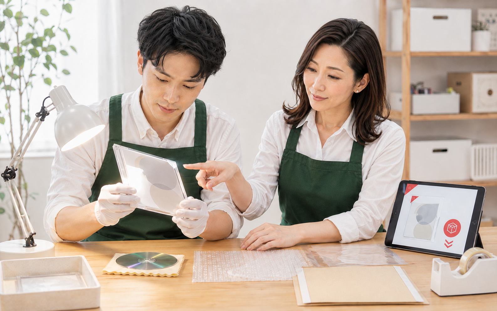 だいこん畑β 北田辺店で中古CDの傷を確認する利用者